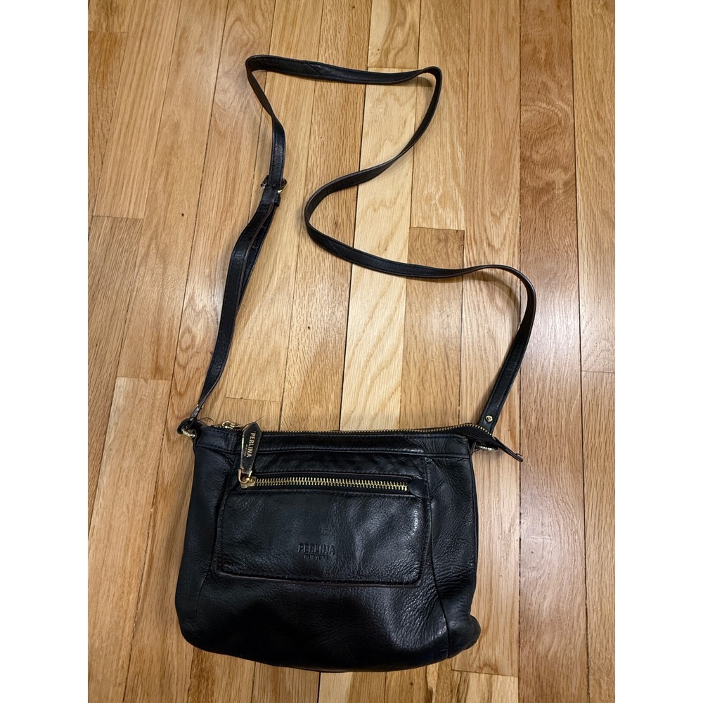 Perlina New York Black Pebbled Leather Crossbody Bag Gold Hardware Multi Pocket